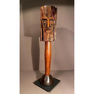 Sculpture Early Arts Art Brut Royal Three-headed Figure In Patinated Wood Sumer Babylon 20th
