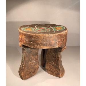 Early Arts Africa Kenya Monoxyl Kamba Stool In Palm Wood Beaded Decor Early 20th Century