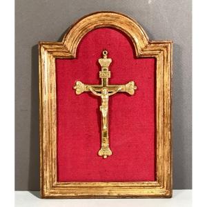 Second Restoration Louis XVIII Mission Souvenir Cross 1821 Gold Plated Golden Wood Frame