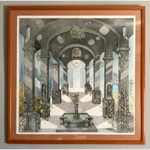 Modern Art Mixed Technical Drawing 20th Century “the Celestial Cathedral” Pierre Castan Pen/watercolor