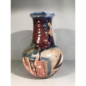 20th Century Art Thierry Basile Vase Stoneware Glazed Painted Scarified Signed Ceramic 20th Century