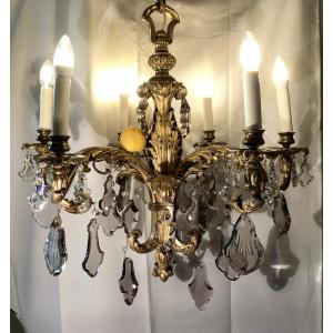 Large Louis XV Style Gilt Bronze Chandelier Rocaille 6 Lights Plant Decor H: 76 Cm Weight: 25 Kg