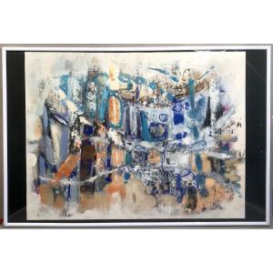 Modern Art Painting Jean Podevin Abstraction Hscarton “the City On The Water” 20th Century Circa 1980/90