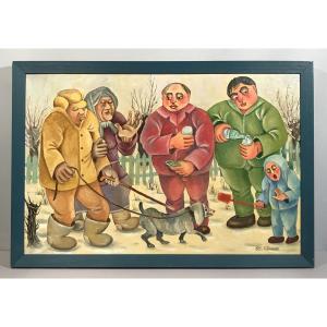Modern Art Russian Art Oil On Canvas "a Sad Image" Yuri Osipenko Moscow 1992 Naive Art 