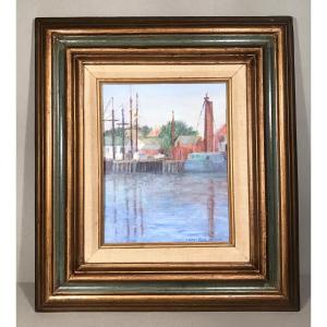 Modern Art Painting Oil On Panel "on The Docks" Marel Ruth Hudson Usa 20th Century 