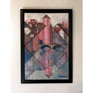 Modern Art Painting "the Pink City In The Water" Mixed Technique Cubism Abstract Figuration 20th Century