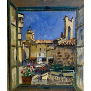 Modern Impressionist Art By Alfred Persia, Oil On Canvas, The Village Of Gordes, 20th Century, Signed, 55 X 46 Cm