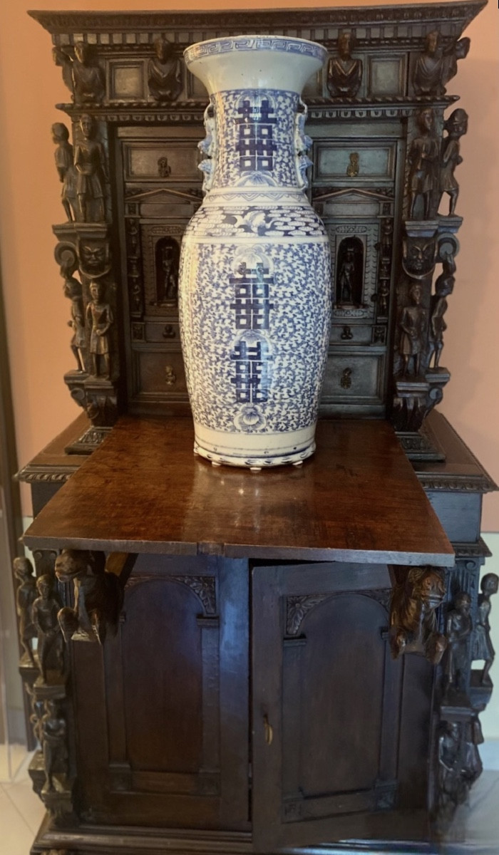 Coppia di grandi vasi cinesi in porcellana bianco e blu, Secolo XX-photo-1