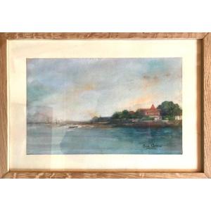 Arcachon Basin Landscape Watercolor On Paper Signed Félix Carmes Circa 1900