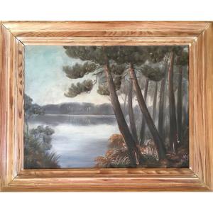 Landes Landscape, Landais Lake, Oil On Cardboard Attributed To Ducasse Sourgen, (jr Sourgen)