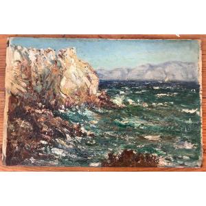 Oil On Cardboard Circa 1930 Cliff And Mediterranean Sea Knife Technique