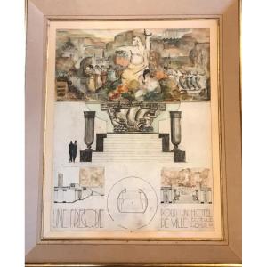 Watercolor Architect Art Deco 1930 Fresco Project For A Town Hall