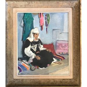 Gabriel Gugès Oil On Cardboard Canvas Orientalist Portrait In Tiznit (morocco) Dated 1938