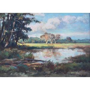 Marius Gueit, Landes Landscape Around 1930, Oil On Panel, Pine Frame.
