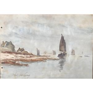 Philippe Long Aquarelle Paysage De Bretagne Vers 1900 Morbihan Finistère Marins