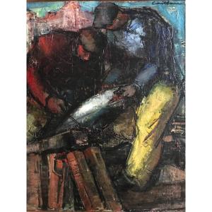 Rodolphe Caillaud Tuna Fishermen In Saint-jean-de-luz Oil On Panel Circa 1960