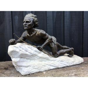 Sculpture Presenting An American Indian, 1930. Spelter, Silver Leaf, Marble Base.
