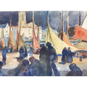 Eugène Baboulène Watercolor Signed Return From Fishing On The Port Of Toulon XXth Century Provence