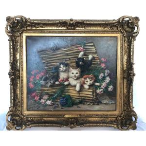 Léon Huber "young Cats" Oil On Canvas Around 1900 Animal Painting Montmartre Paris