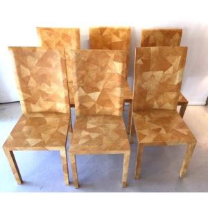 Series Of 6 Original Art Deco & Neoclassical Style Chairs From The 1980s Resin Marquetry