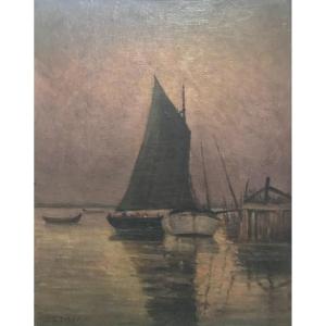 J. G. Tison Oil On Canvas Landscape Arcachon Basin Marine Sailboats Taussat Circa 1900