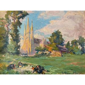 Arthur Midy Lavandières Le Faouët Oil On Panel Circa 1900 Brittany Landscape