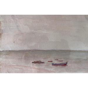 Watercolor On Paper Atlantic Landscape Boats On The Basin Circa 1950