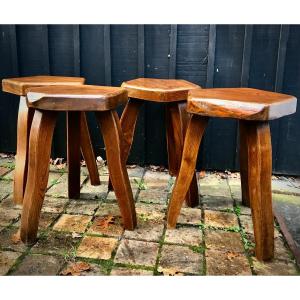 Set Of 4 Solid Elm Stools In The Style Of Pierre Chapo