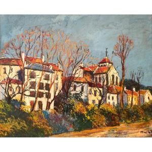 élisée Maclet (1881-1962) "montigny-sur-loing" Oil On Cardboard Landscape Paris 20th Century