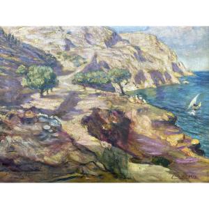 Clovis Cazes Painting Mediterranean Landscape Seaside Scene Oil On Canvas Circa 1900
