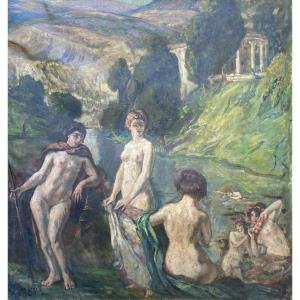 Clovis Cazes Naiad In Antique Style Mediterranean Landscape Scene Oil On Canvas Circa 1900