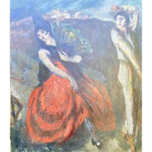 Clovis Cazes Painting Portrait / Genre Scene Flamenco Dancers Oil On Canvas Circa 1900