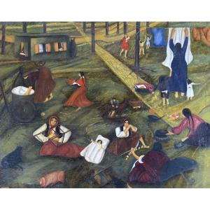 Animated Landscape Popular Scene / Naive Art Signed Matkulenska Paris 1932 Oil On Canvas