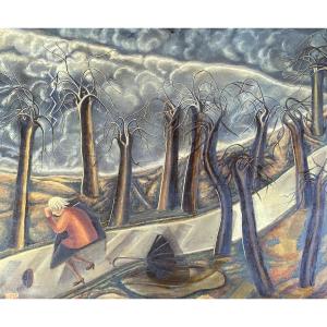 Landscape Scene Intriguing Character Surrealist Decor Signed Matkulenska 1953 Oil On Canvas