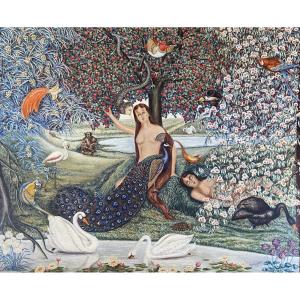 Animated Scene Women In The Matkulenska Garden Paris 1950 Oil On Canvas Pointillist Fresco