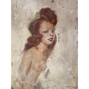 Portrait Of An Elegant Bust Oil On Panel Circa 1930 Signed "bolia" In The Style Of Domergue