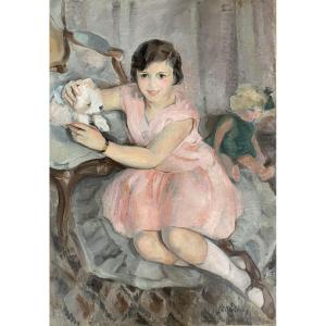 Suzanne Kaerhling Portrait Of A Young Girl With A Dog Circa 1930 Oil On Canvas Paris 20th Century