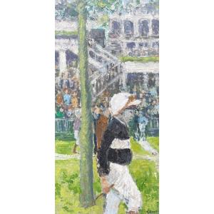 René Galant Horse Racing At Longchamp Oil On Canvas 1974