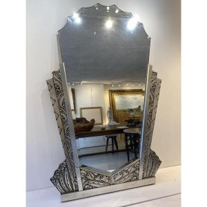 Art Deco Mirror Circa 1930 In Wood And Silvered Stucco, France