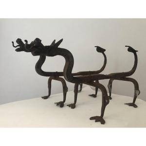 Pair Of Wrought Iron Andirons, Dragon Sculptures, Fantastic Animal, Viardot. Japan. 20th Century.