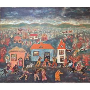 Miron Kiropol, Naïve Scene With Figures, Romania, France, Oil On Canvas, Circa 1980, Naïve Art