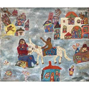 Miron Kiropol, Naïve Scene With Figures, Romania, France, Oil On Canvas, Circa 1980, Naïve Art