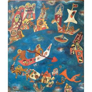 Miron Kiropol, Naïve Scene With Figures, Romania, France, Oil On Canvas, Circa 1980, Naïve Art