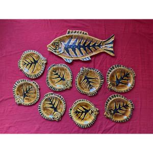 Vallauris Fish Service 1950: Platter And 8 Plates, Glazed Earthenware In The Style Of Lurçat
