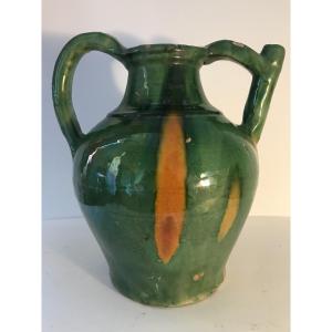 Orjol, Jug, Jar In Glazed Terracotta, Green And Yellow. Work From The South Of France, 19th Century