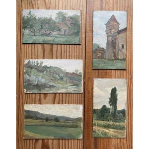 Landscape Painting, Southwest France (albi), Circa 1915. Oils On Cardboard (set Of 5 Small Works) 
