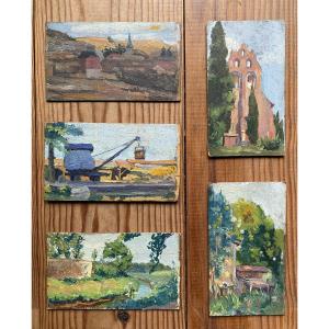 Landscape Painting, Southwest France, Circa 1915. Oils On Cardboard (set Of 5 Small Works) 