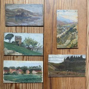 Landscape Painting, Southwest France, Circa 1915. Oils On Cardboard (set Of 5 Small Works)