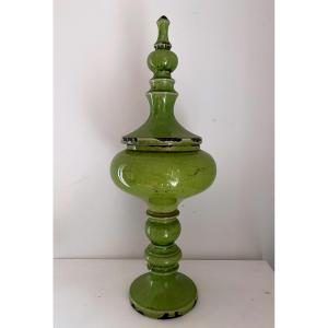 Covered Pot In The Style Of Pol Chambost, Ceramic, Circa 1960, Green Glaze