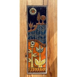 Decorative Lava Stone Plaque Circa 1960 Enameled Bas-relief (in The Style Of Lurçat, Correct)